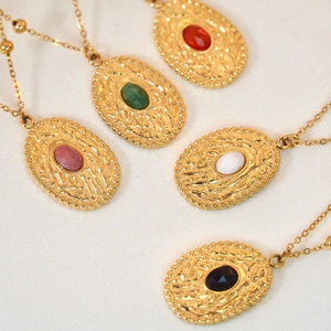 French retro gold-plated stainless steel necklaces with colorful gemstone pendants