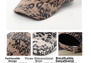 Detail view of leopard print baseball cap featuring metal buckle and breathable sweatband