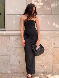 Vestito Lungo Senza Spalline Da Donna Poliestere Elastan Vita Arricciata Bodycon Sexy Vacanze Estive Tinta Unita Elegante