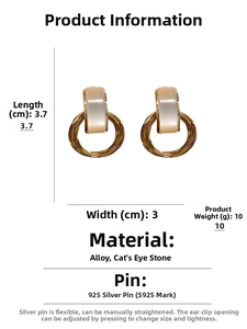 Detail view of woven metal hoop earrings with rectangular cat eye stone and S925 silver pins