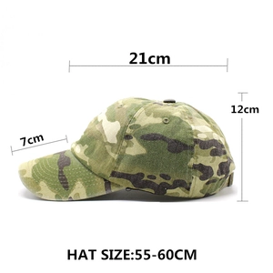 Casquette de baseball camouflage avec taille réglable et dimensions détaillées