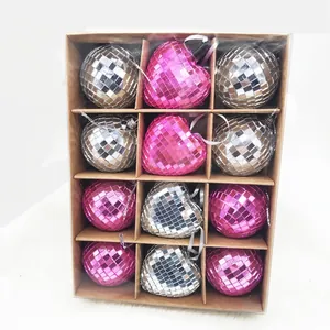 Mixed set of silver and pink mirror disco balls in heart and round shapes for parties