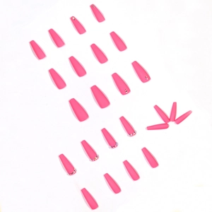 Matte hot pink long ballerina press-on nails with colorful crescent rhinestone accents