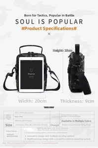 Detailed tactical shoulder bag specifications chart with camouflage design and size guide