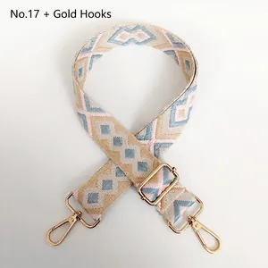 Detail view of ethnic geometric jacquard woven strap with gold metal lobster clasps