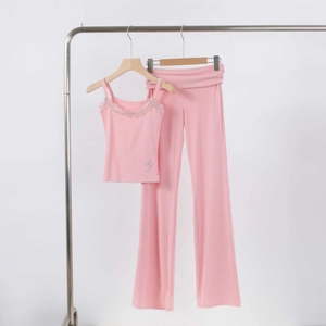 Pink rhinestone camisole and wide-leg trousers set with delicate lace trim
