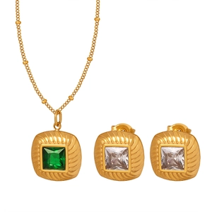 Gold-plated stainless steel jewelry set featuring square green stone pendant and earrings