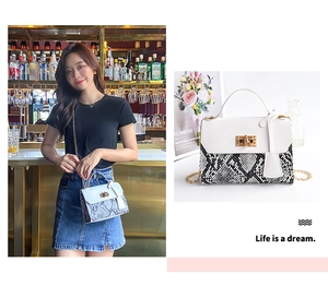 Detail of snake print crossbody bag with gold buckle and chain strap on a white leather flap