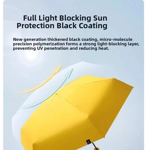 Detail of yellow sun umbrella with black sunblock coating and UV protection arrows