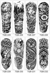 Catalog of 8 black and grey full-arm temporary tattoos featuring lion and tiger motifs