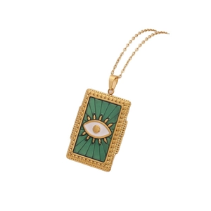 Collier en acier inoxydable doré avec pendentif rectangulaire en émail vert œil