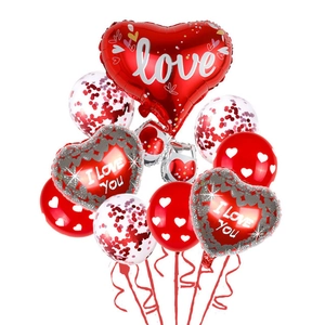 Detail of red Valentine's balloon set including heart foil and confetti latex balloons