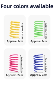 Detailed four-panel view showing 4.5cm colorful plastic spring cat toys in four vibrant colors