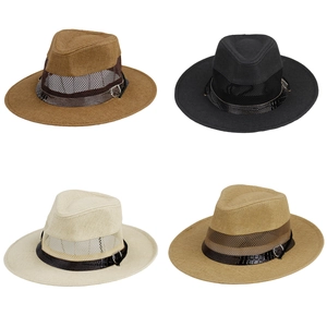 Breathable outdoor straw hat with mesh ventilation belt and faux leather band buckle