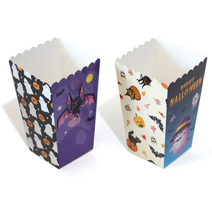 Halloween popcorn boxes featuring ghost and pumpkin designs for festive party snacks