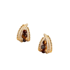 Elegant gold drop earrings with zircon crystals and brown tiger eye stone beads