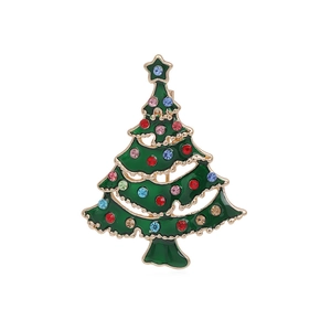 Classic green enamel Christmas tree brooch with colorful rhinestones and gold-plated edges