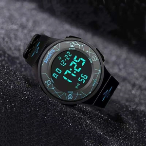 Close-up of black digital sports watch with blue luminous display on dark textured background