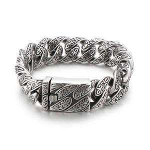 Vintage silver floral relief chain bracelet in retro embossed stainless steel for men