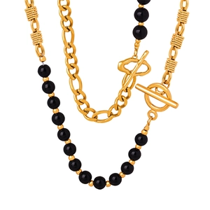 British retro gold-plated titanium steel necklace with black agate beads and OT buckle