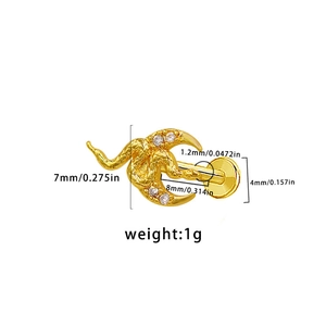 Detailed size chart for the gold snake cartilage piercing stud with crystal inlay