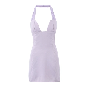 Robe courte sexy lilas clair avec licou, décolleté en V profond et coupe moulante