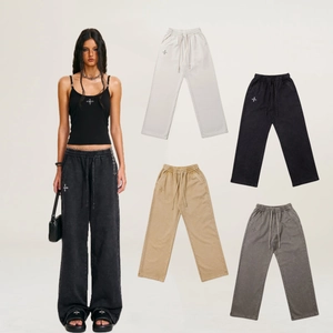 Pantaloni A Gamba Larga In Cotone Lavato Da Donna Vintage Pantaloni Casual Dritti Vita Elastica Con Coulisse Ricamo Streetwear