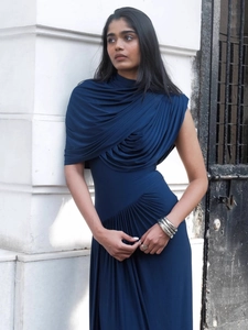 Elegant navy blue pleated halter neck maxi dress with slim fit for formal evening parties