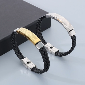 Lord's Prayer Cross Bracelet Stainless Steel And Woven Leather Religious Christian Jewelry For Men Women Simple Black