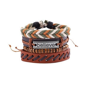 Multilayer bohemian leather bracelet set with wooden beads and engraved believe plaque