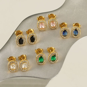 Oval Halo Stud Earrings 18K Gold Plated Stainless Steel With Colorful Zircon Inlaid Elegant Jewelry For Women