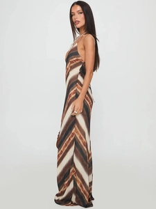 Sexy backless V-neck tie-dye maxi dress with spaghetti straps in brown striped pattern
