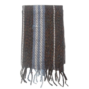 Close-up of brown and blue plaid scarf with colorful flecks and soft fringe tassels