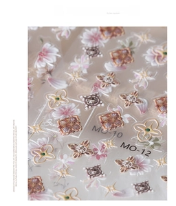 Macro detail of 5D embossed nail stickers featuring camellia flowers and MO-12 patterns