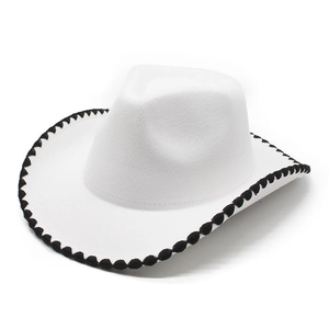 White western cowboy hat with black wavy braided trim on the brim for outdoor wear
