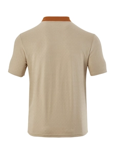 Detailed rear view of light brown polo shirt with orange collar and woven texture