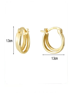 Detail view of gold double-layer S925 silver hoop earrings with 1.3cm diameter