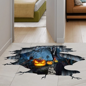 3D Halloween floor decal featuring realistic pumpkins and skulls on a cracked ground