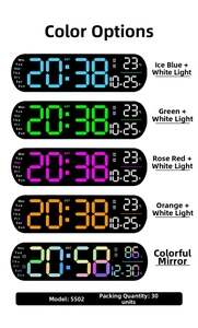 Digital LED clock model 5502 showing five color options including ice blue and orange