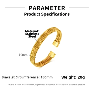 Detailed chart showing 10mm woven gold stainless steel cuff bracelet specifications