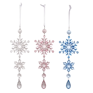 Acrylic snowflake pendant ornaments in clear, pink, and blue for Christmas decor