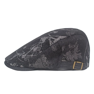 Fashion jacquard beret hat in dark grey featuring vintage bronze side buckle detail