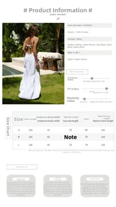 Tableau des tailles détaillé pour robe longue dos nu en tissu 100% coton de qualité