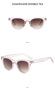 Champagne cat-eye sunglasses with brown gradient lenses showing front and side views