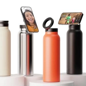 Magnetic water bottle lid with phone mount in silver, white, orange and black colors