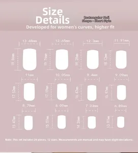 Size chart for ocean blue press-on nails in rectangular short shape with 12 specific dimensions
