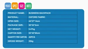 Detaillierte Spezifikationstabelle für Oxford-Business-Rucksack mit Maßen und Gewicht