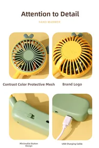 Detail view of portable mini neck fan and hand warmer with USB charging cable