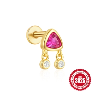 S925 sterling silver gold plated earring featuring a triangle pink gemstone and zircons