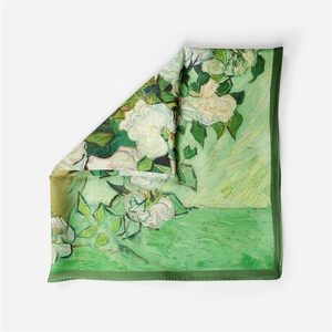 Macro shot of Van Gogh Roses oil painting silk square scarf with green borders